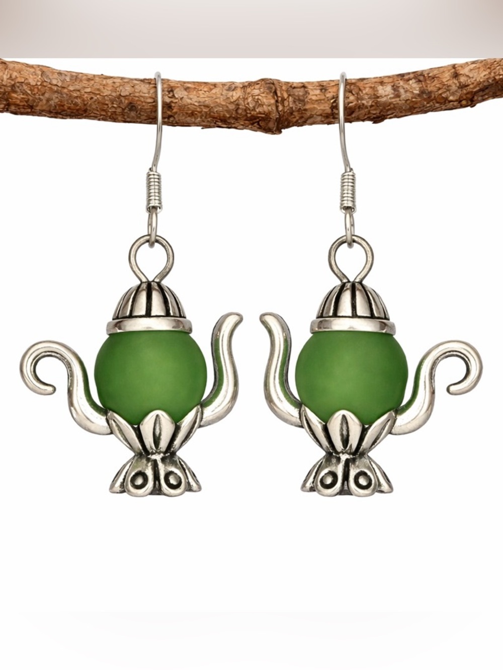 Handmade Antique Silver Teapot Earrings Whimsical Dangle Jewelry with Beads Gift